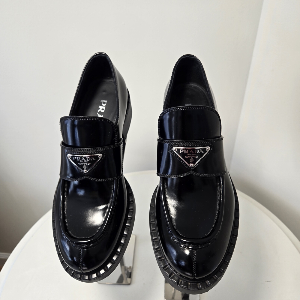Prada Metal Triangle Black Leather Loafers, Size IT38|US 8